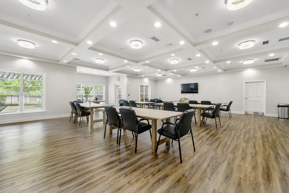 a room with a table and chairs