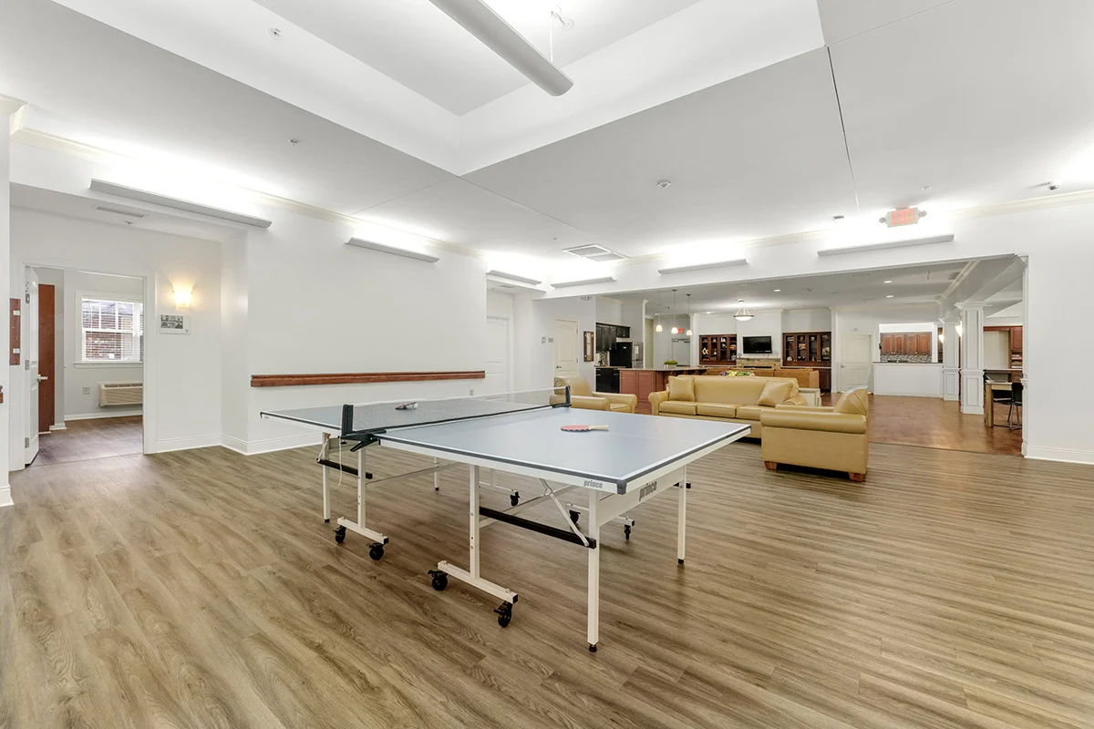 a room with a ping pong table