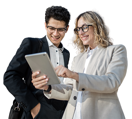 a man and woman looking at a tablet