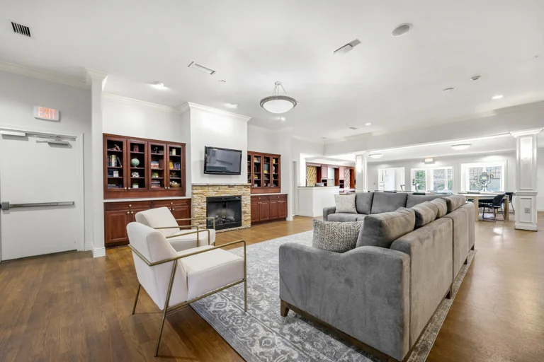 a room with a fireplace and couches