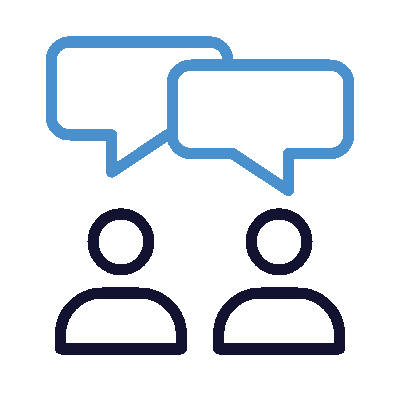 a blue and black outline of people with speech bubbles